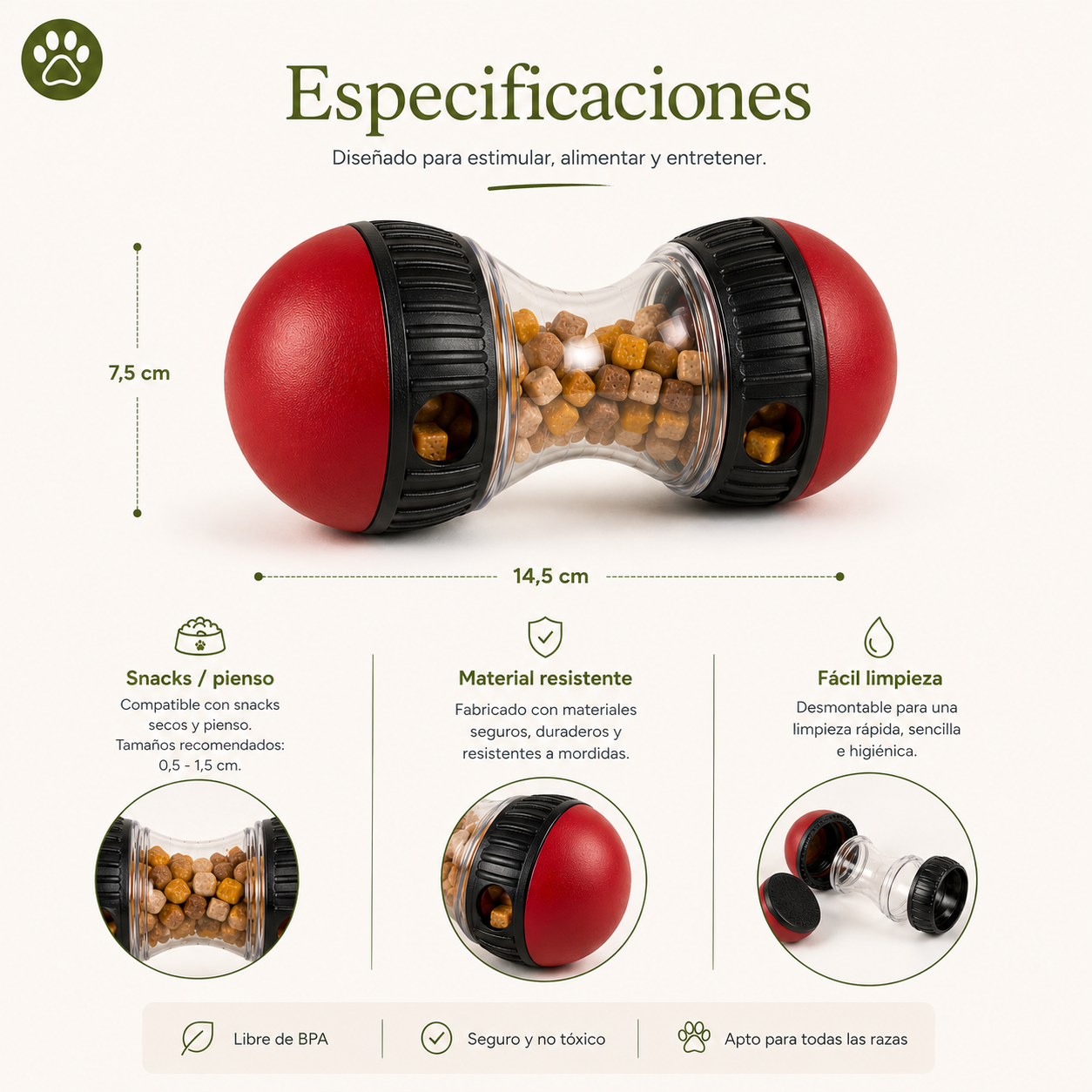 Dispensador de comida para perro rojo resistente y fácil de limpiar para snacks o pienso diario – Perrukos