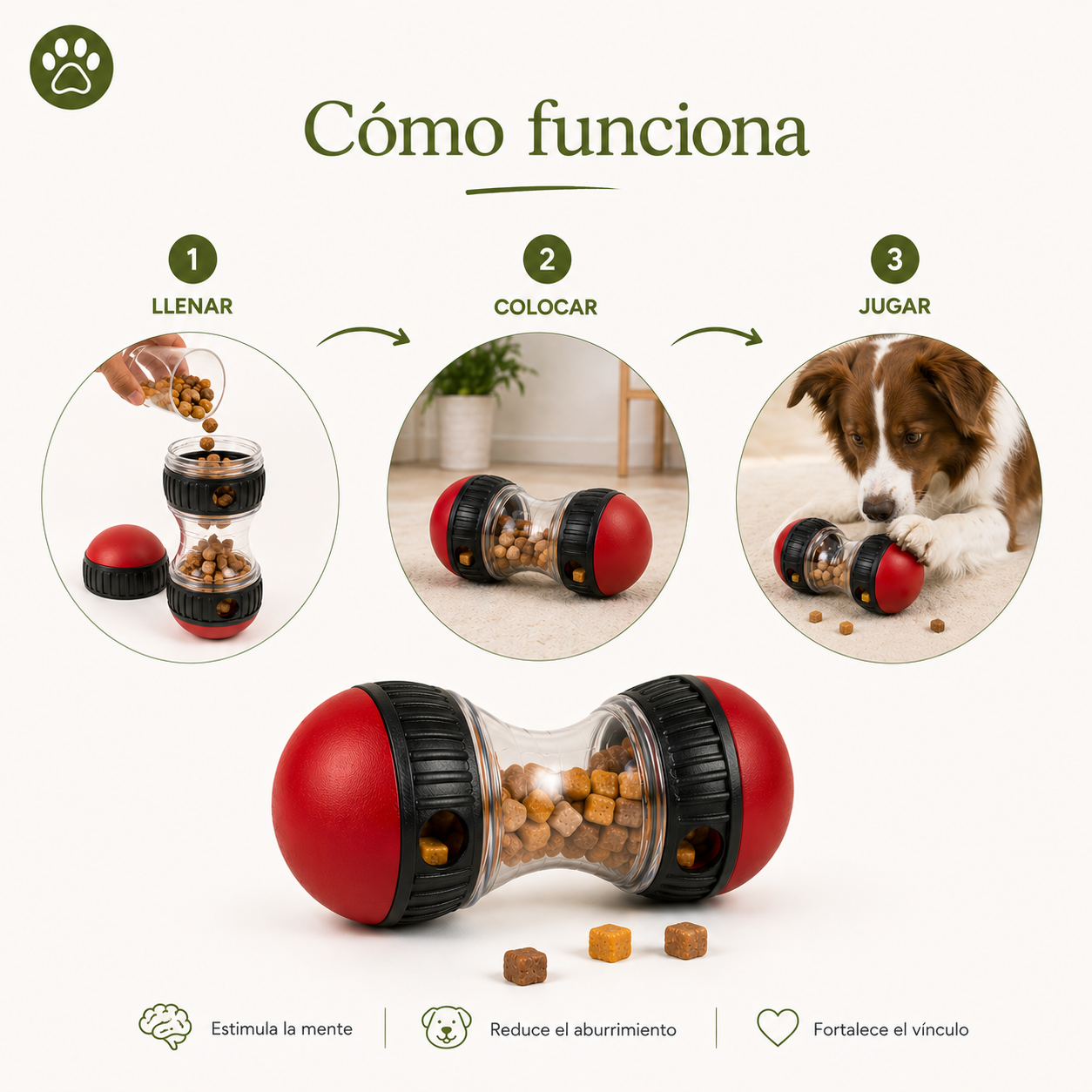 Dispensador interactivo para perro rojo fácil de llenar y usar para entretener mientras come – Perrukos